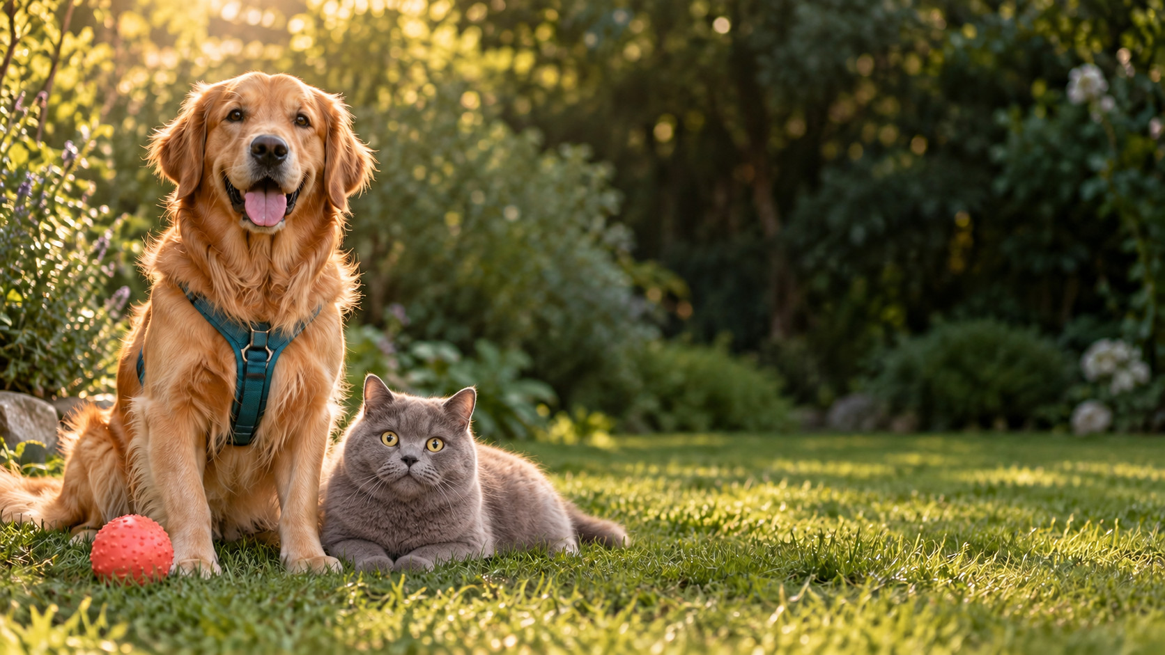 Golden retriever beside the owner’s grey cat in a sunny garden — brand concept
